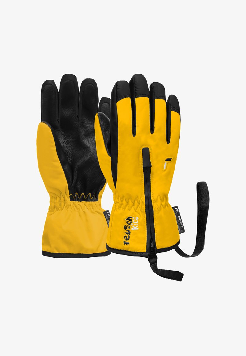 Yellow and black gloves with a waterproof design, featuring a cinched wrist, leather palm, and branding on the cuff.