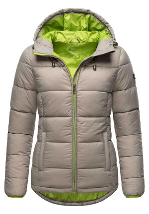 Veste d'hiver matelassée gris clair avec fermeture éclair à l'avant, capuche, doublure intérieure et détails de garniture en vert citron.