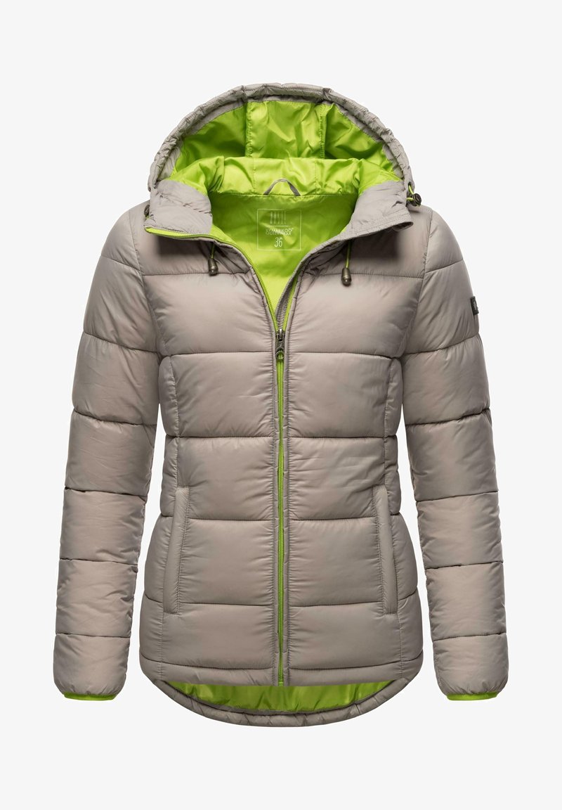 Veste d'hiver matelassée gris clair avec fermeture éclair à l'avant, capuche, doublure intérieure et détails de garniture en vert citron.