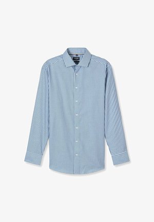 Langärmliges Hemd zum Zumachen mit blau-weißem, kleinem Kariertmuster und spitzem Kragen auf weißem Hintergrund.