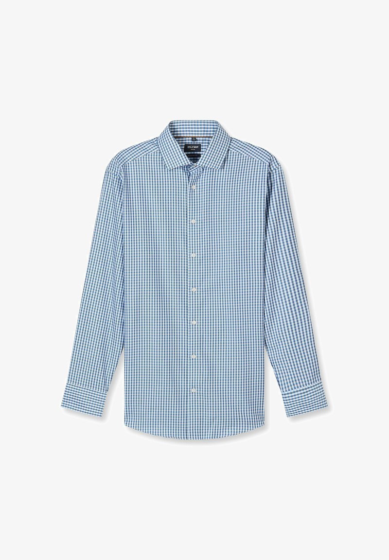 Langärmliges Hemd zum Zumachen mit blau-weißem, kleinem Kariertmuster und spitzem Kragen auf weißem Hintergrund.