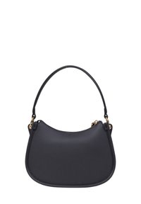 Borsa a tracolla in pelle nera con silhouette curva, manico superiore singolo e dettagli in metallo dorato. Texture liscia, design minimalista.