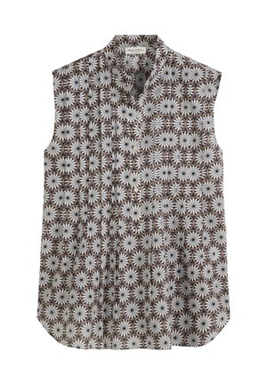Sleeveless shirt featuring a floral geometric pattern in black, white, and brown, with a collared neckline and button closure.