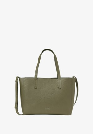 Borsa tote in pelle verde oliva con texture, manici doppi, tracolla regolabile e piccolo logo "Marc O'Polo" sul davanti.