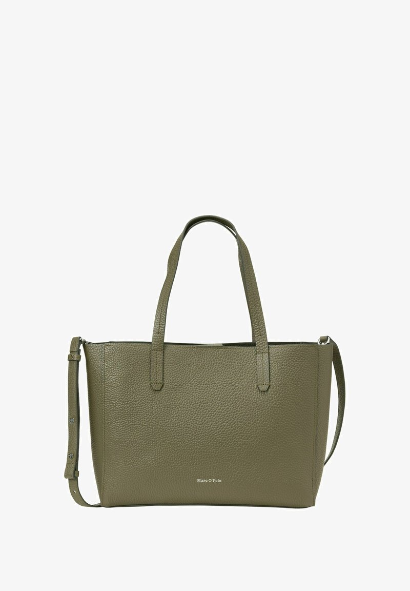 Olijfgroene leren totebag met textuur, voorzien van dubbele handvaten, een verstelbare schouderband en een klein "Marc O'Polo" logo aan de voorkant.