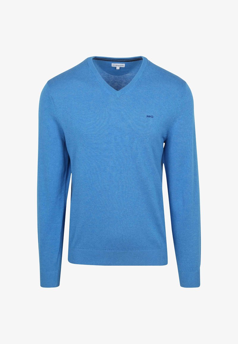 Hellblauer V-Ausschnitt-Pullover aus weichem Strickstoff, mit langen Ärmeln und geripptem Saum. Kleines Logo-Detail auf der Brust.