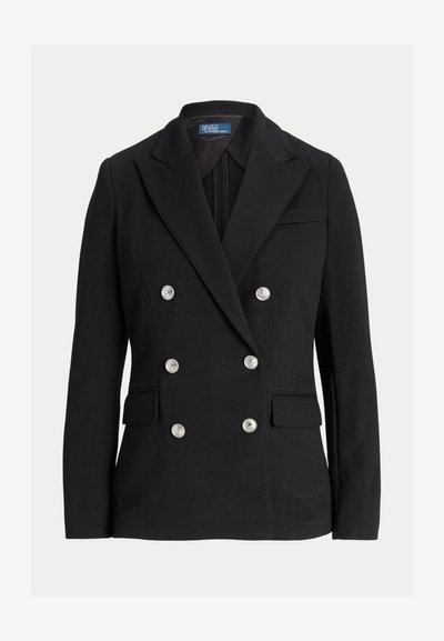 Black double-breasted blazer with six silver buttons, notched lapels, flap pockets, and a Polo by Ralph Lauren label inside the collar.