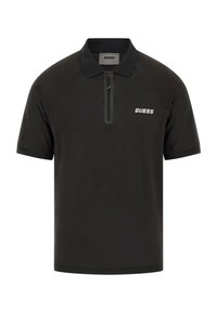 Fekete póló, texturált anyagból készült, félig cipzáros, rövid ujjú, bal mellen fehér logóval.