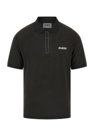 Melna polo krekls iz teksturēta auduma, ar daļēju rāvējslēdzēju, īsām piedurknēm un balto logo kreisajā krūtīs.
