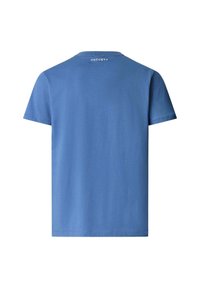 T-shirt en coton bleu à manches courtes et col rond. Présente le nom de la marque "HACKETT" en texte blanc à l'arrière, près du cou.