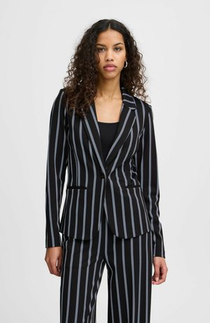 Black and blue striped blazer with structured design, notched lapels, two front pockets, and a fitted silhouette.