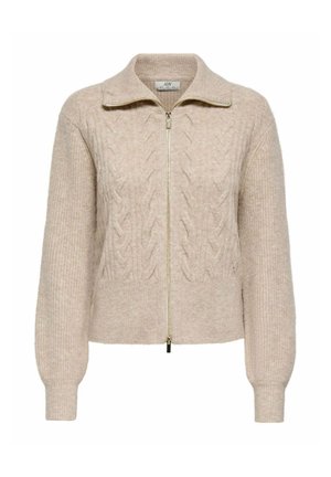 Pull en maille beige à fermeture éclair avec motif torsadé sur le devant, manches et ourlet côtelés, et col large.