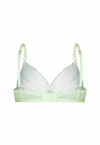 Koronkowy, jasnozielony biustonosz typu bralette z trójkątnymi miseczkami, regulowanymi ramiączkami oraz zapięciem na haczyk i oczko. Posiada delikatne koronkowe wykończenie oraz miękki materiał.