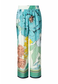 Pantalons fleuris à motifs featuring de grandes fleurs turquoise et pêche sur un fond clair, avec une taille élastique et un ourlet rayé.
