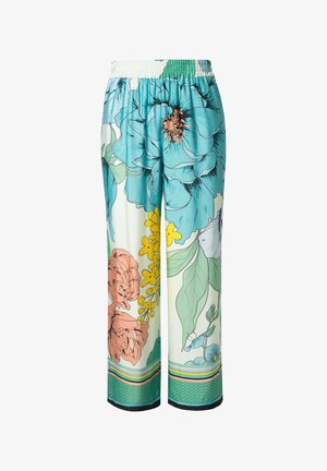 Kuvioitui kukkakangashousut, joissa on suuria turkooseja ja persikkakukkia vaalealla taustalla, joustava vyötärö ja raidallinen helma.