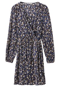 Pitkähihaisessa, tummansinisessä kukkakuosisessa kietaisumekossa on poimutettu pinta ja joustava vyötärö, joka luo vartalonmyötäisen siluetin.