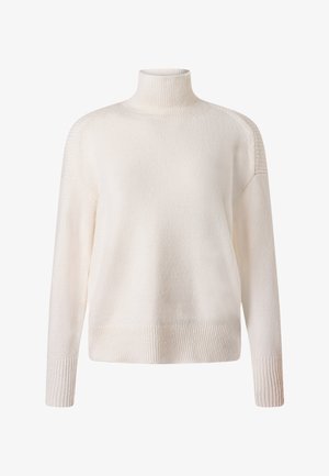 Pull à col roulé blanc en tissu doux et texturé. Dispose de poignets et d'un ourlet côtelés, avec une coupe ample et décontractée. Aucun motif ou accent visible.