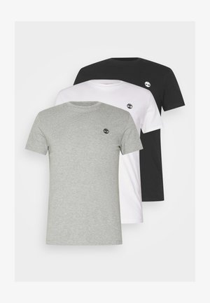 Drie korte mouw t-shirts in grijs, wit en zwart katoen, elk met een klein logo op de borst. Klassieke ronde hals.