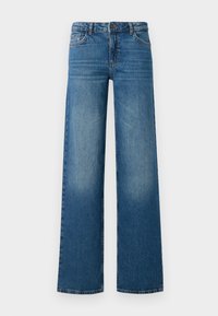 Jeans larges bleus avec un délavage, cinq poches et une fermeture à bouton. Fabriqués en denim avec une texture lisse et résistante.