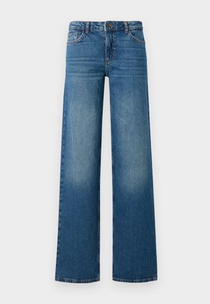Jeans larges bleus avec un délavage, cinq poches et une fermeture à bouton. Fabriqués en denim avec une texture lisse et résistante.