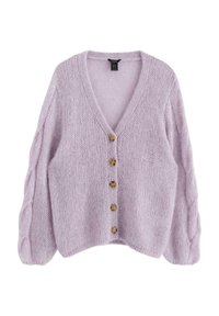 Cardigan in lilla lavorato a maglia con scollo a V, sei bottoni in legno lungo la parte anteriore e maniche a sbuffo. Tessuto morbido con una vestibilità ampia.