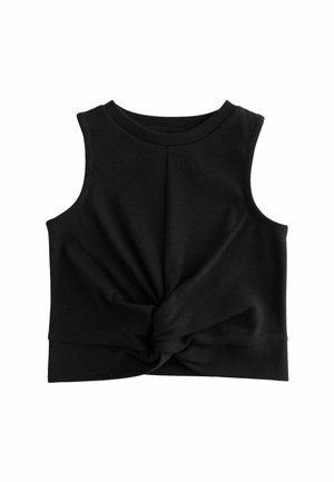 Must mustata top ilma varrukat, valmistatud ribaline kangast, millel on ees sõlme detail ja ümmargune kaelus. Lihtne, keha lähedane disain.