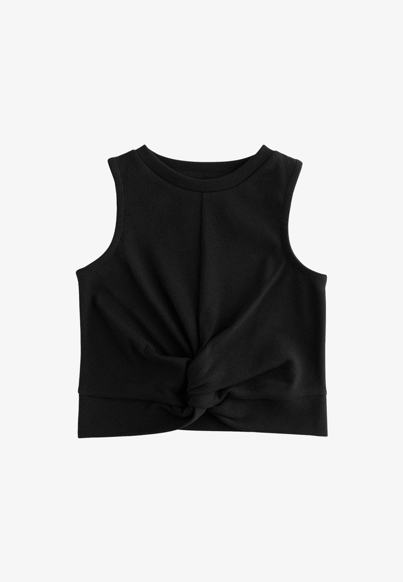 Schwarzes ärmelloses Oberteil aus geripptem Stoff mit einem geknoteten Detail an der Vorderseite und einem runden Ausschnitt. Einfaches, tailliertes Design.