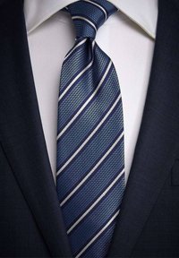 Marinblå slips med ett strukturerat mönster, med vita diagonala ränder. Bärs med en vit skjorta och en mörk kostymjacka.