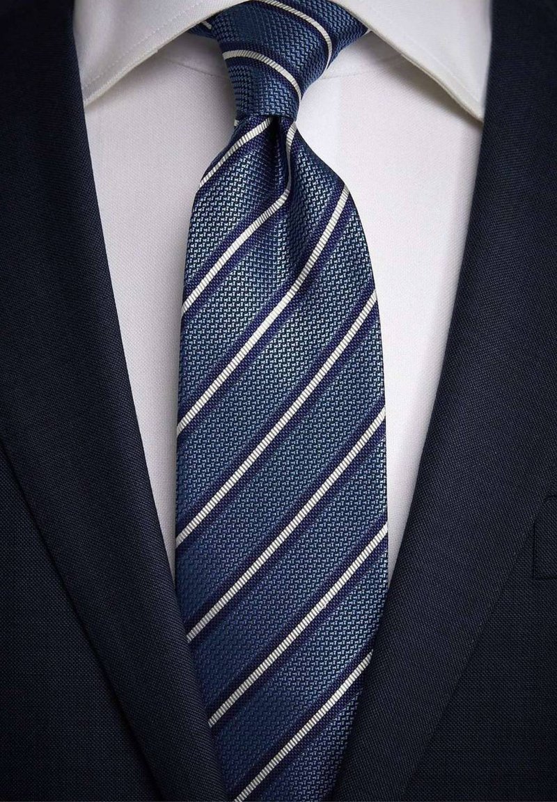 Marinblå slips med ett strukturerat mönster, med vita diagonala ränder. Bärs med en vit skjorta och en mörk kostymjacka.