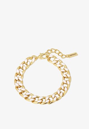 Guldtonet armbånd med kædedesign og ovale hvide emaljeindlæg samt lås med hummerklip. Inkluderer et mærketags.