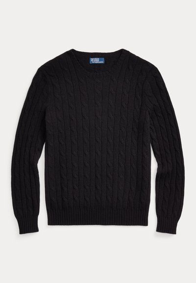 Czarny sweter z dzianiny warkoczowej z okrągłym dekoltem, długimi rękawami oraz prążkowanymi mankietami i zakończeniem, oznaczony Polo by Ralph Lauren.