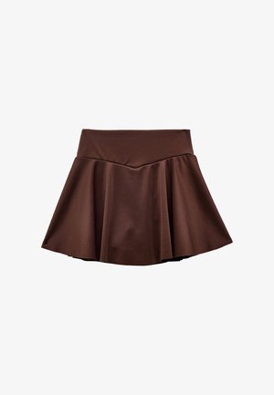 Brun skater nederdel med en udvidet design, lavet af glat stof. Har en tætsiddende talje og en bredere kant for en flydende silhuet.