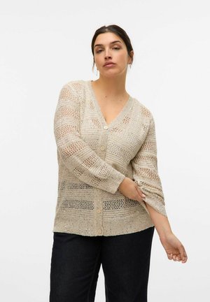 Light beige knitted cardigan featuring a v-neck, button front, and three-quarter sleeves with a textured open weave pattern.