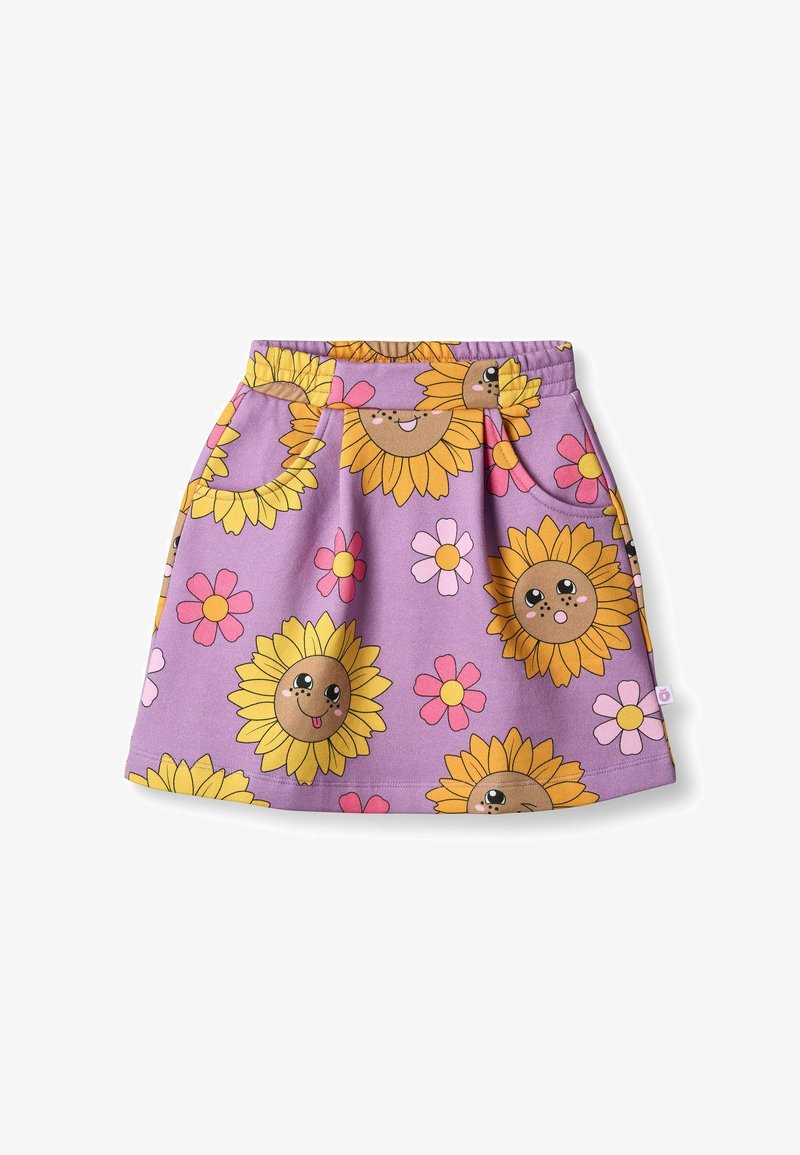 Fialová sukňa s veselými slnečnicami a kvetmi v žltej, ružovej a oranžovej farbe, s elastickým pásom a hravými výrazmi tváre.