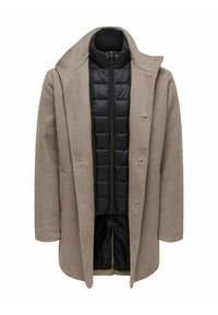 Cappotto grigio in misto lana con rever a lancia e imbottitura puffer nera rimovibile, dotato di chiusura frontale con zip e tasche laterali. Design dalla vestibilità regolare.