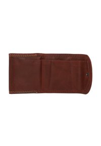 Portafoglio in pelle marrone con texture liscia, dotato di più scomparti per carte e un bordo cucito resistente. Nessun meccanismo di chiusura visibile.