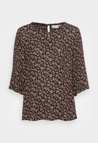 Blouse imprimée fleurie en tissu noir, avec manches courtes cloche, col rond avec détail fente et coupe décontractée.