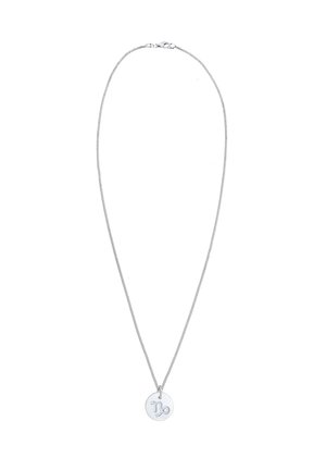 Collier en argent avec une chaîne fine tressée et un pendentif rond portant un symbole zodiacal gravé. Design minimaliste avec une finition polie.
