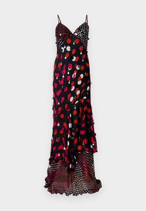 Rochie maxi neagră cu buline multicolore în roșu, roz și alb. Bretele subțiri, tiv stratificat și material ușor.