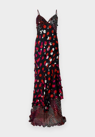 Melnas maksi kleita ar daudzkrāsainiem polka punktiem sarkanā, rozā un baltā krāsā. Špageti siksnas, kārtaina apakšmala un viegls audums.