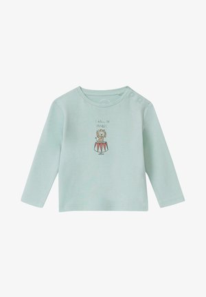 Lichtblauwe langemouwen shirt van zachte stof met een illustratie van een leeuw op een circuspodium met de tekst "Ik geloof in MAGIE".