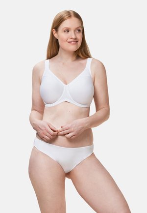 White bra and panties set made of smooth fabric; bra features wide straps and a structured design; seamless finish for comfort.
