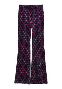 Schlaghosen aus dunklem Stoff mit einem geometrischen Diamantmuster in Pink, Blau und Weiß. Mittelhoher Bund mit einem elastischen Band.