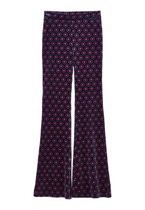 Pantaloni svasati in tessuto scuro con un motivo geometrico a diamante in rosa, blu e bianco. Vita a media altezza con elastico.