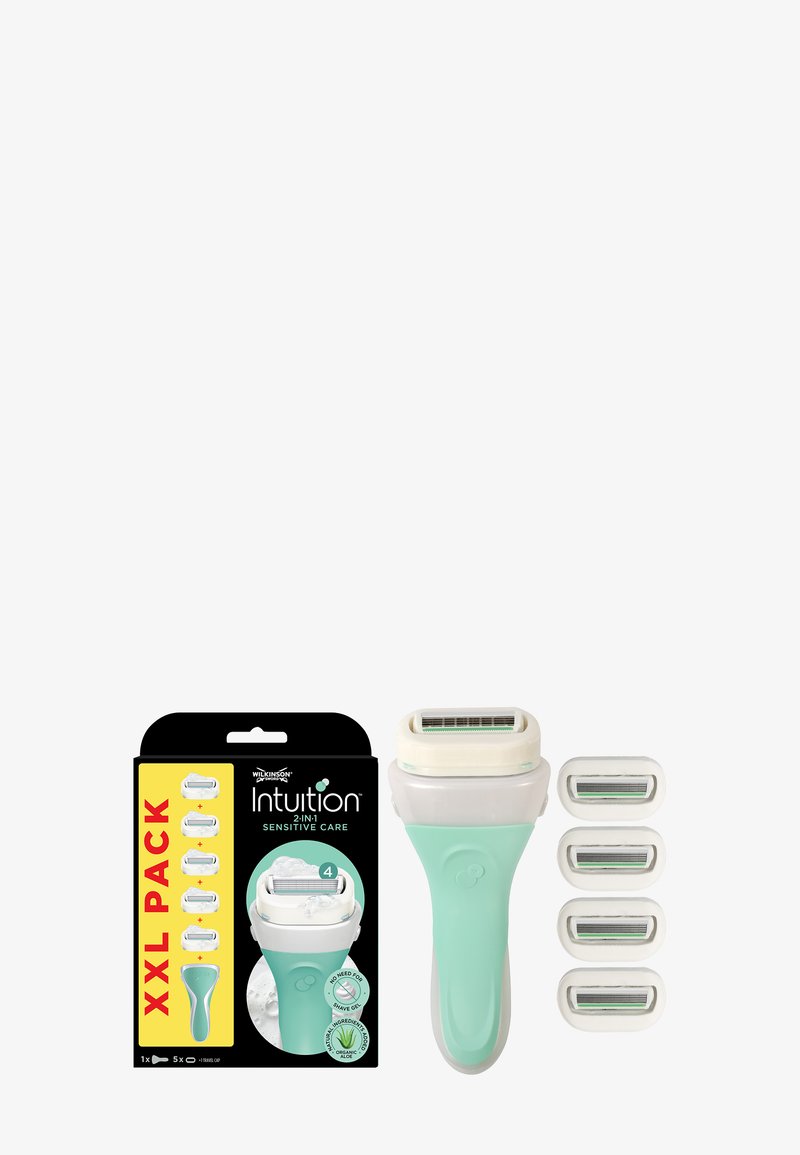 Wilkinson Intuition 2-in-1 Sensitive Care Rasierer mit mintgrünem Griff, ein Rasierer und fünf Ersatzklingen auf weißem Hintergrund.