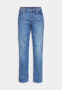 Hellblaue Jeans aus Denim mit geradem Schnitt und Fünf-Taschen-Design. Hat einen vorderen Knopfverschluss und leichte Ausbleichungen für Textur.