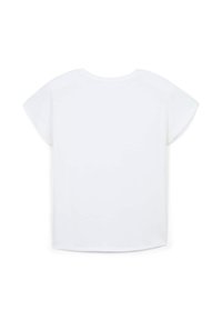 T-shirt bianca a maniche corte con scollo rotondo, orlo curvo e texture liscia. Design semplice senza fantasie o decorazioni.