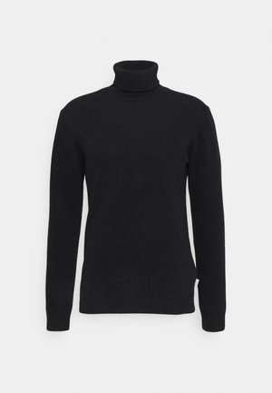 Crna rolka napravljena od mekog pletene tkanine. Ima duge rukave, uski kroj i rebraste rubove. Nema vidljivih uzoraka ili akcenata.