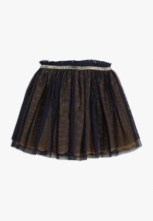 Gelaagde bruine rok met zwarte tule overlay en een sprankelende zilveren elastische tailleband, plat uitgespreid op een witte achtergrond.