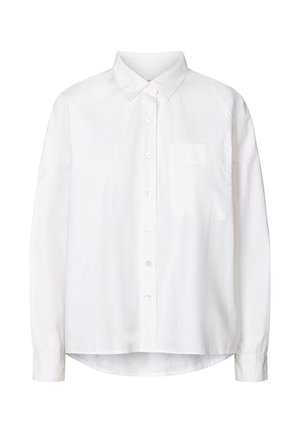Hvid langærmet skjorte med knaplukning i letvægtsstof, med klassisk krave, en enkelt brystlomme og rundet kant.